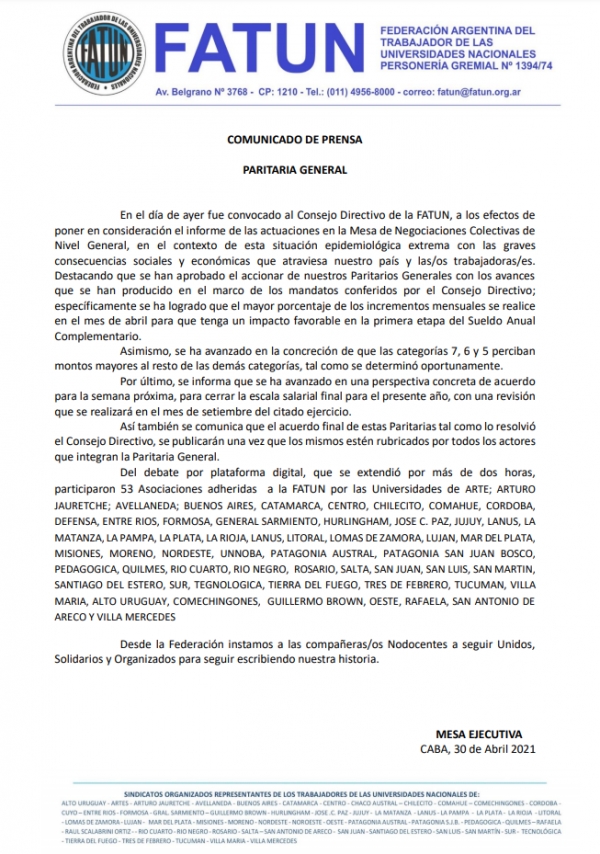 Comunicado de prensa paritaria general