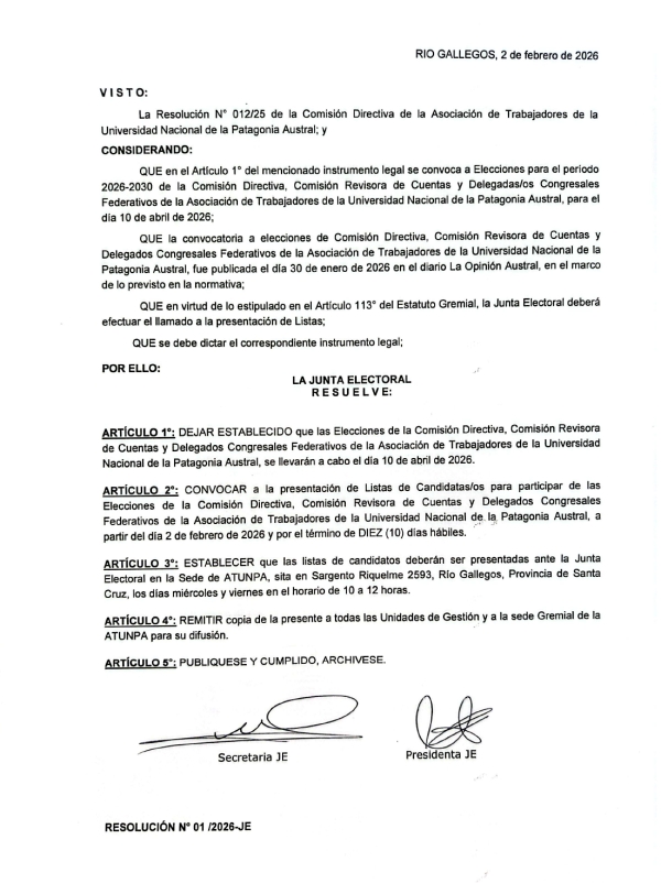 ELECCIONES ATUNPA | Resolución N° 001/26-JE