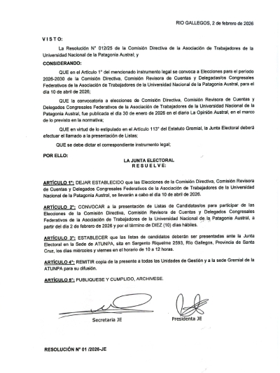 ELECCIONES ATUNPA | Resolución N° 001/26-JE