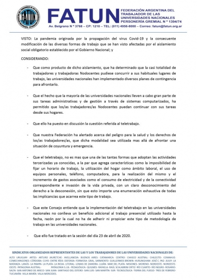 Resolución Consejo Directivo FATUN