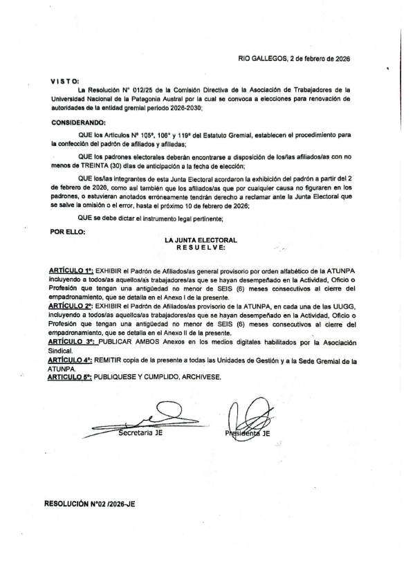 ELECCIONES ATUNPA | Resolución N° 002/26-JE